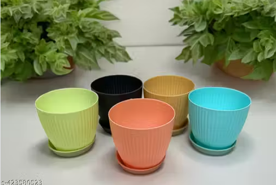 Combo of 5 Plastic Round Flower Pots for Home Planters